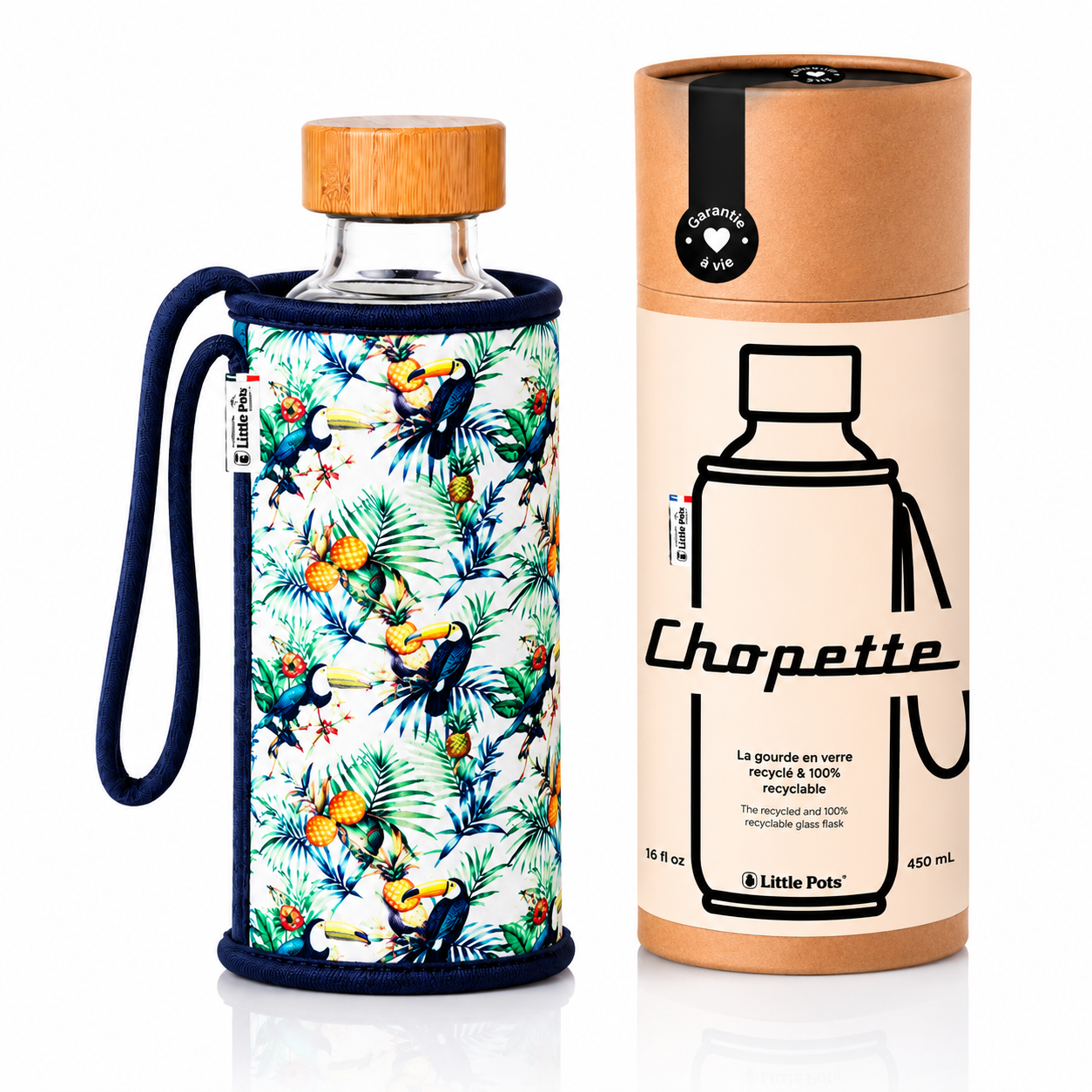 Gourde en verre et housse protectrice Chopette été Tropical bleu