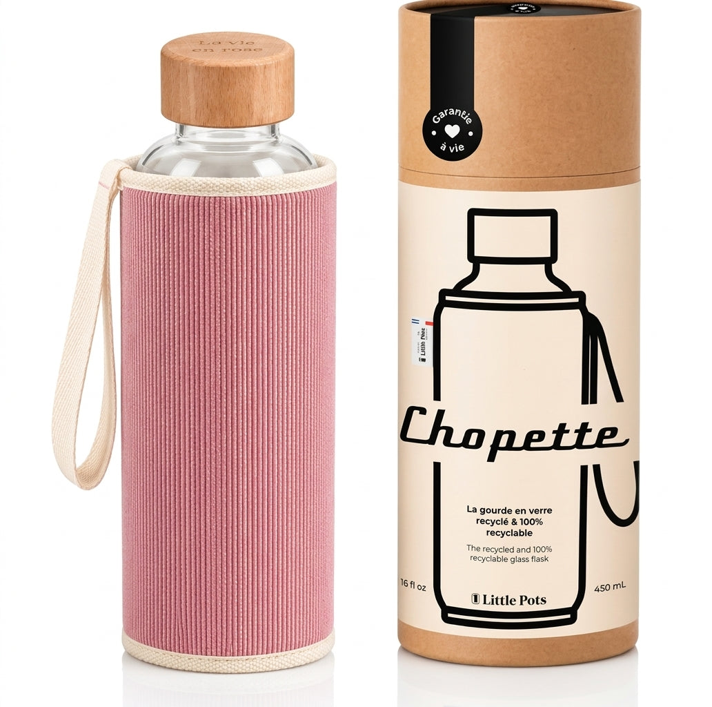 Gourde en verre et housse protectrice Chopette velours rose automne-hiver