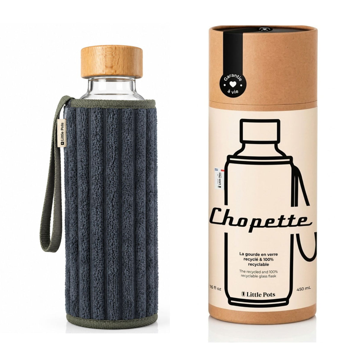 Gourde en verre et housse protectrice Chopette grosse côté marine automne-hiver