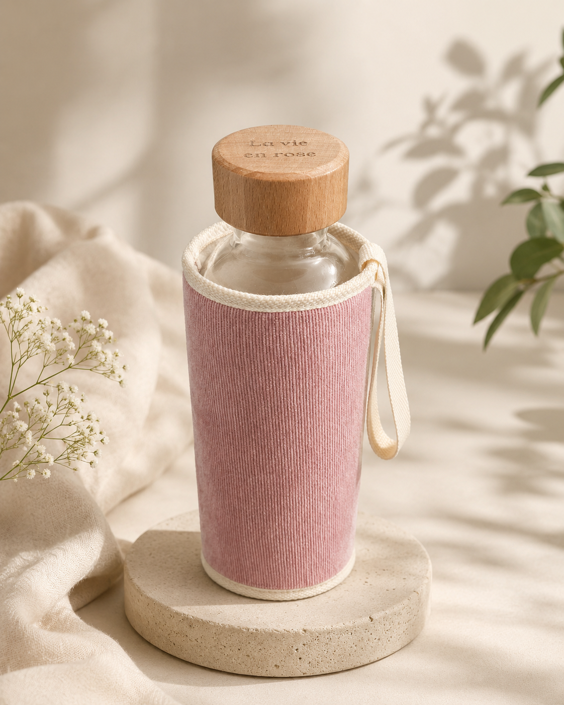 Gourde en verre et housse protectrice Chopette velours rose automne-hiver
