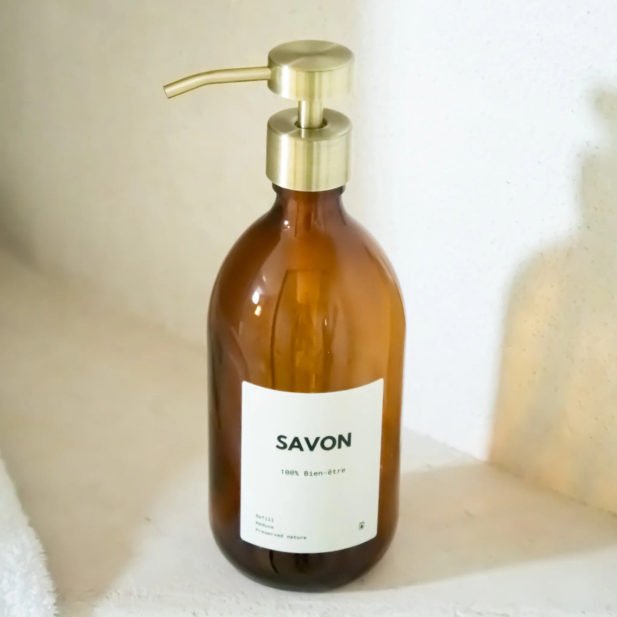 Distributeur de savon en verre ambré – Pompe doseuse inox