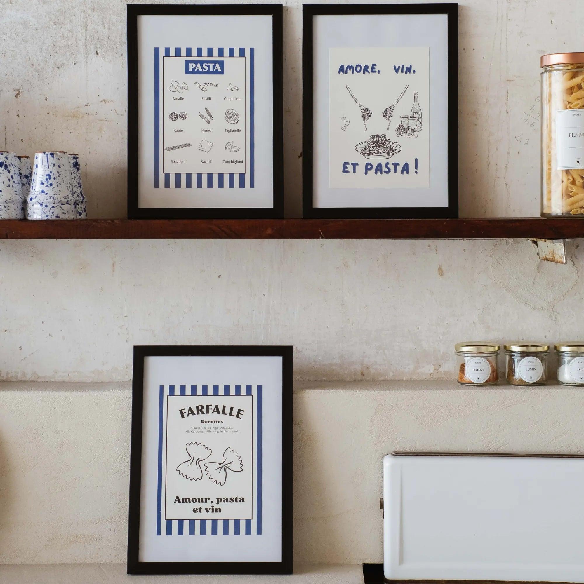 Trio Affiches AMORE VIN et PASTA - illustration