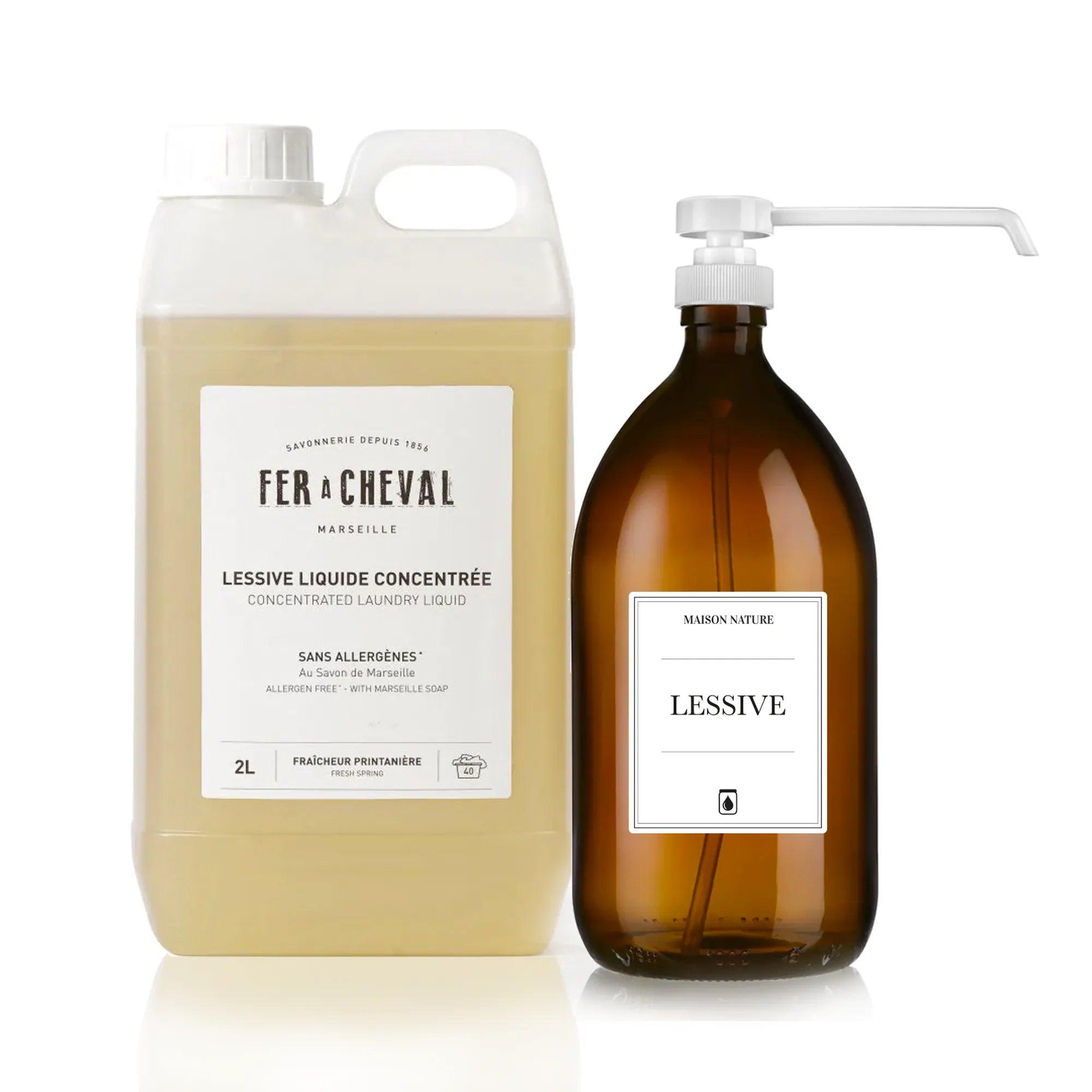 Recharge de lessive liquide au savon de marseille avec flacon en verre rechargeable