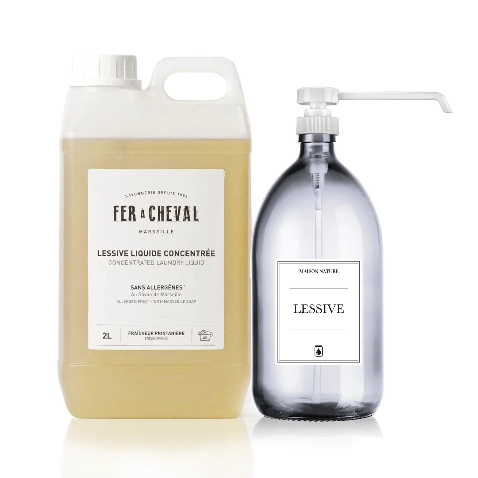 Recharge de lessive liquide au savon de marseille avec flacon en verre rechargeable