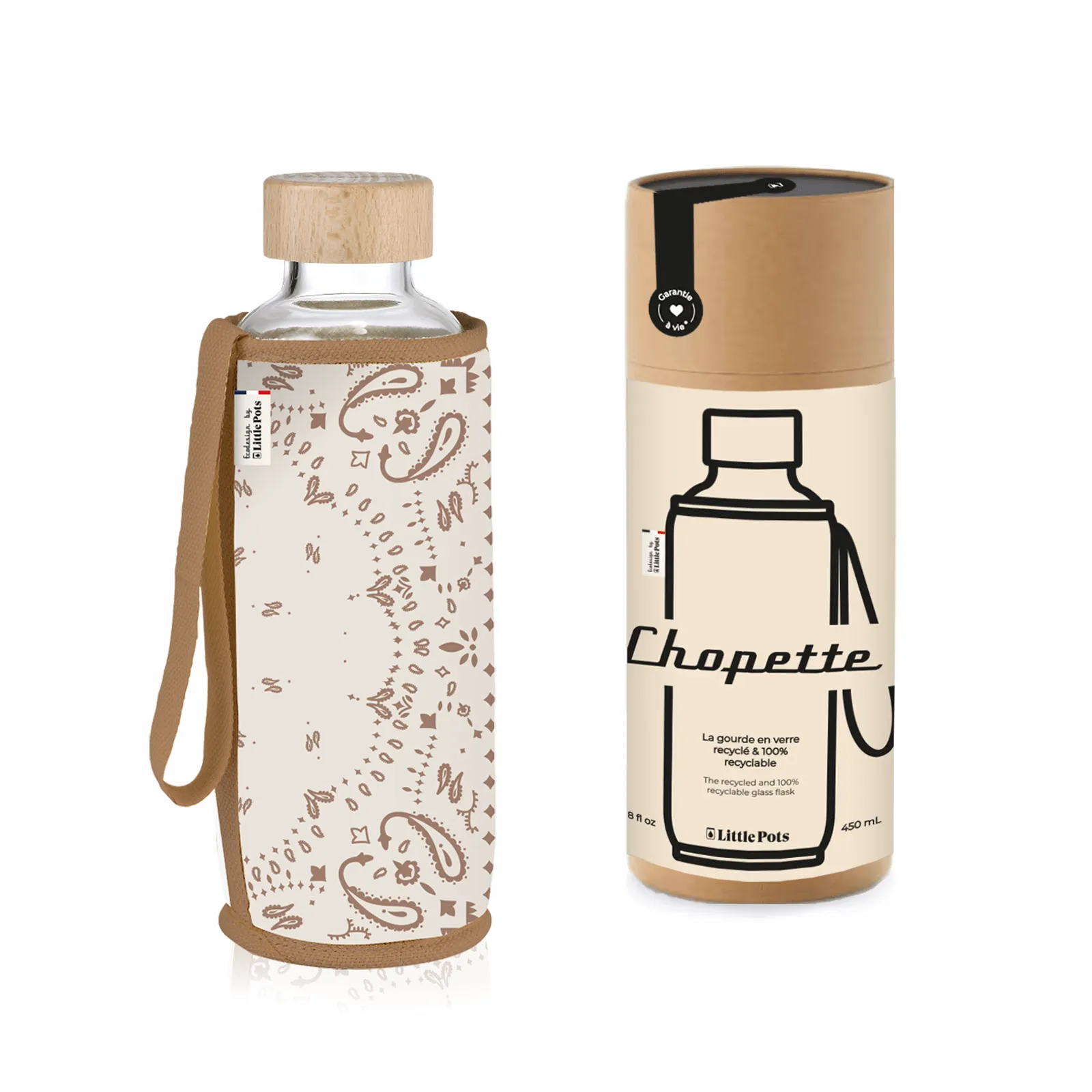 Gourde en verre et housse protectrice Chopette Bandana écru