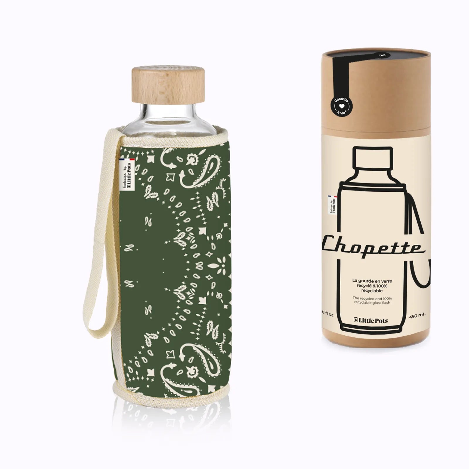 Gourde en verre et housse protectrice Chopette Bandana kaki