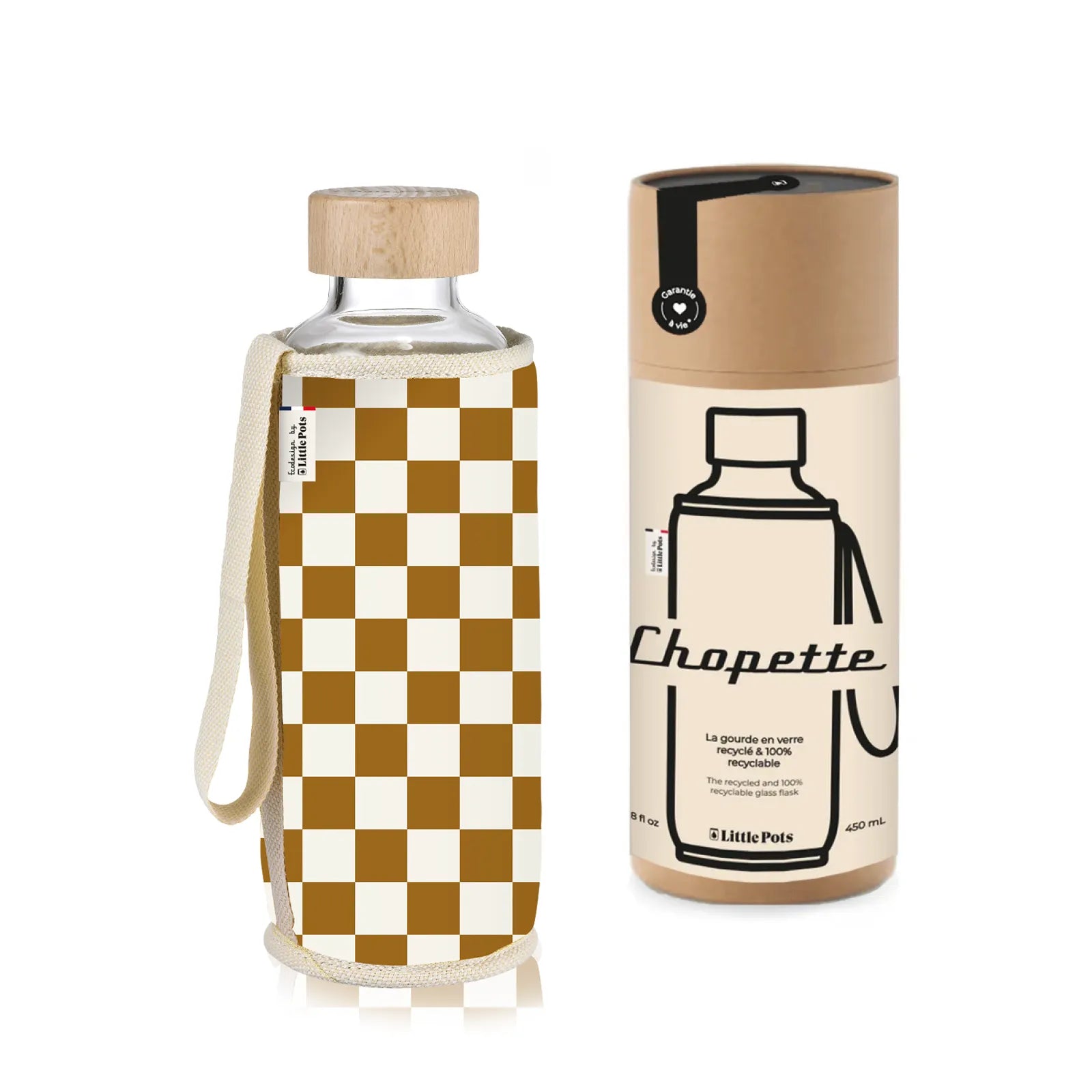 Gourde en verre et housse protectrice Chopette 90' Damier Moutarde écru