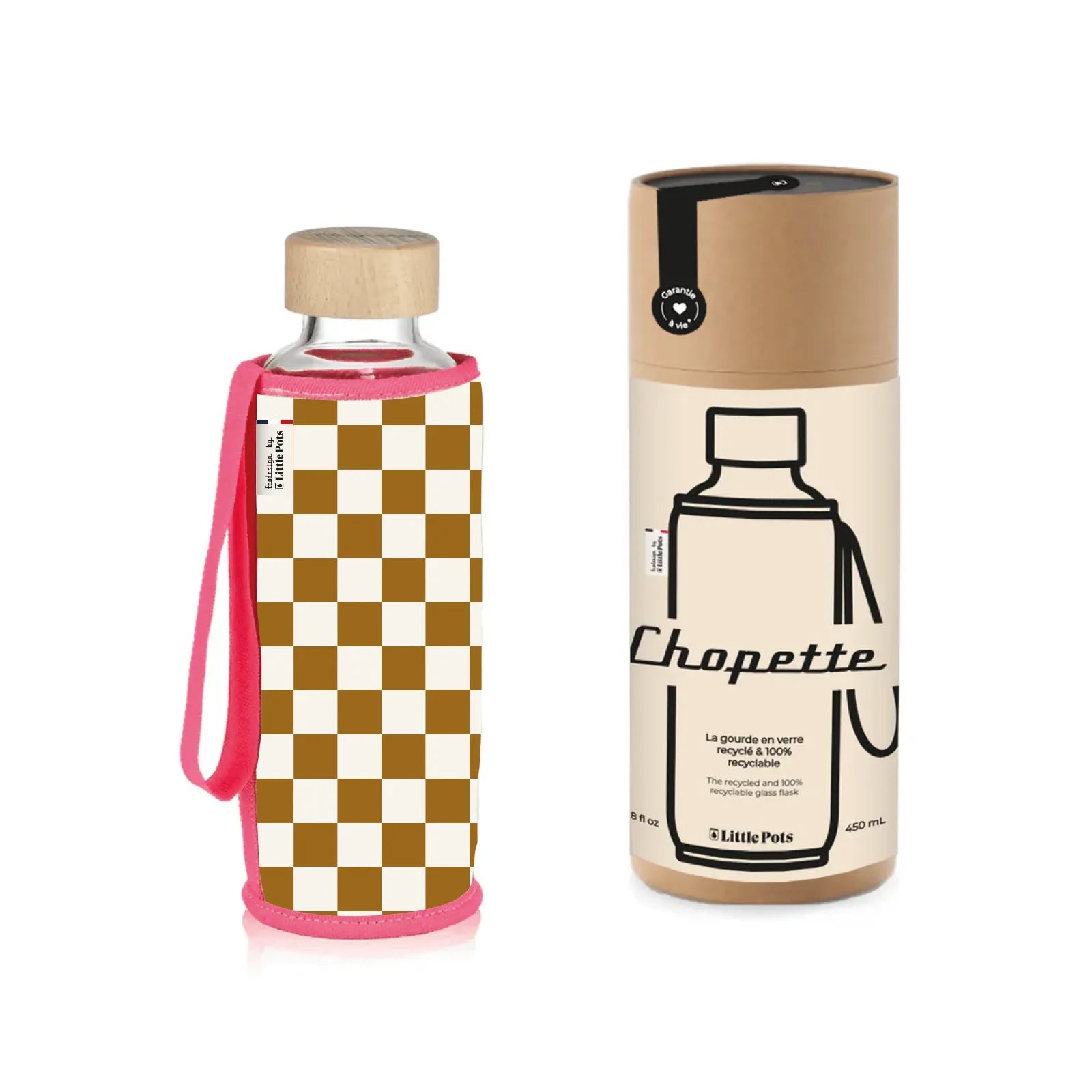 Gourde en verre et housse protectrice Chopette 90' Damier Moutarde rose