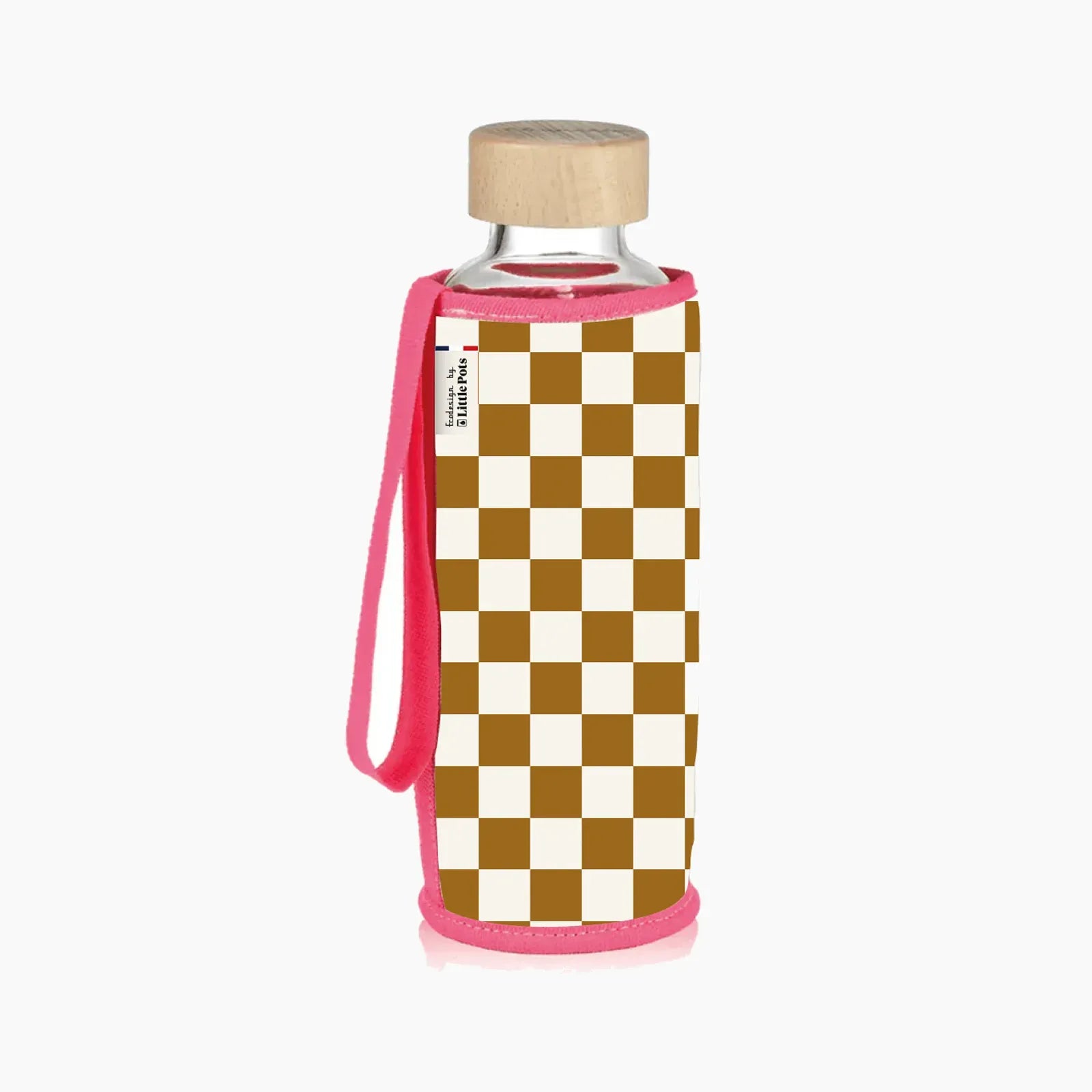 Gourde en verre et housse protectrice Chopette 90' Damier Moutarde rose