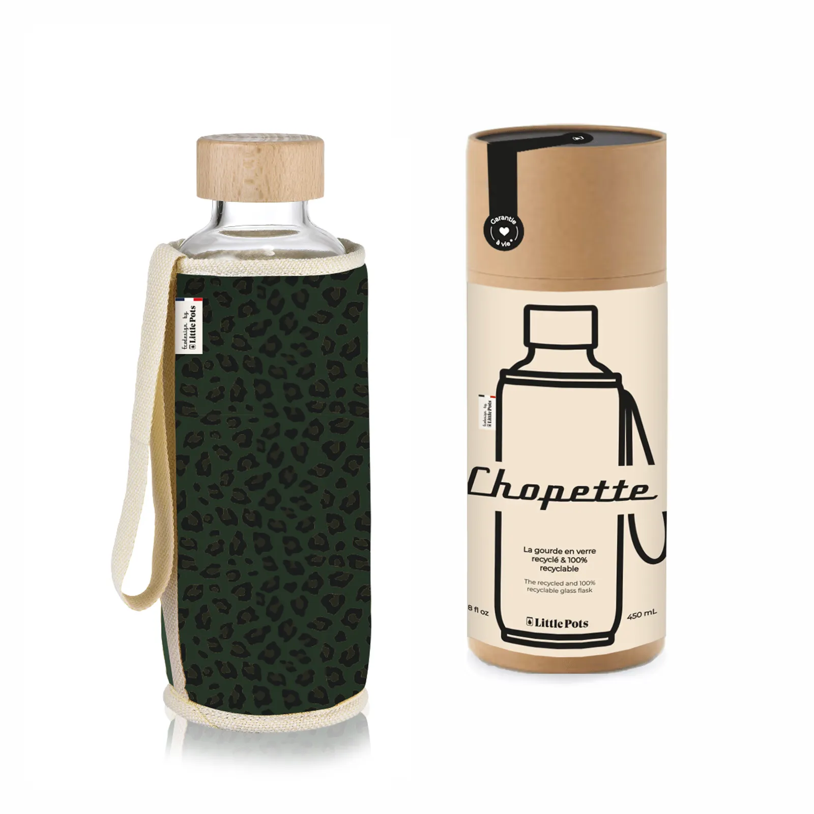 Gourde en verre et housse protectrice Chopette 90' Léopard kaki écru