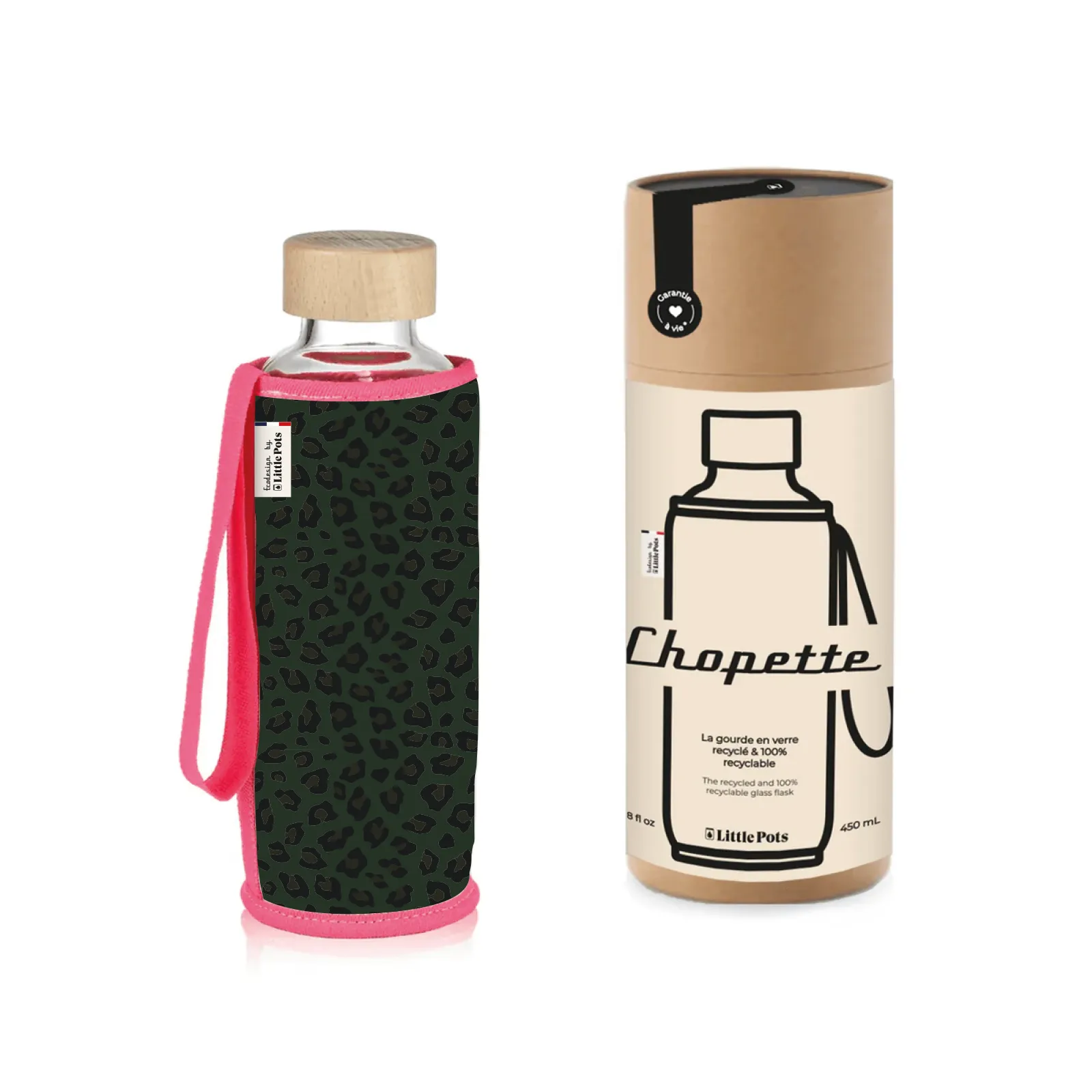 Gourde en verre et housse protectrice Chopette 90' Léopard kaki rose