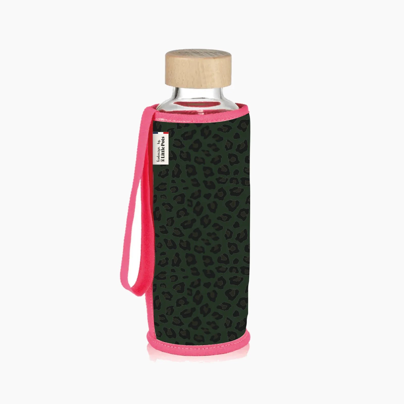 Gourde en verre et housse protectrice Chopette 90' Léopard kaki rose