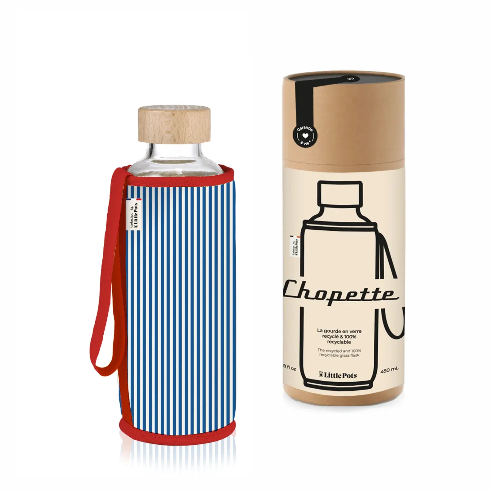 Gourde en verre et housse protectrice Chopette x La Charentaise Fines Rayures Bleues