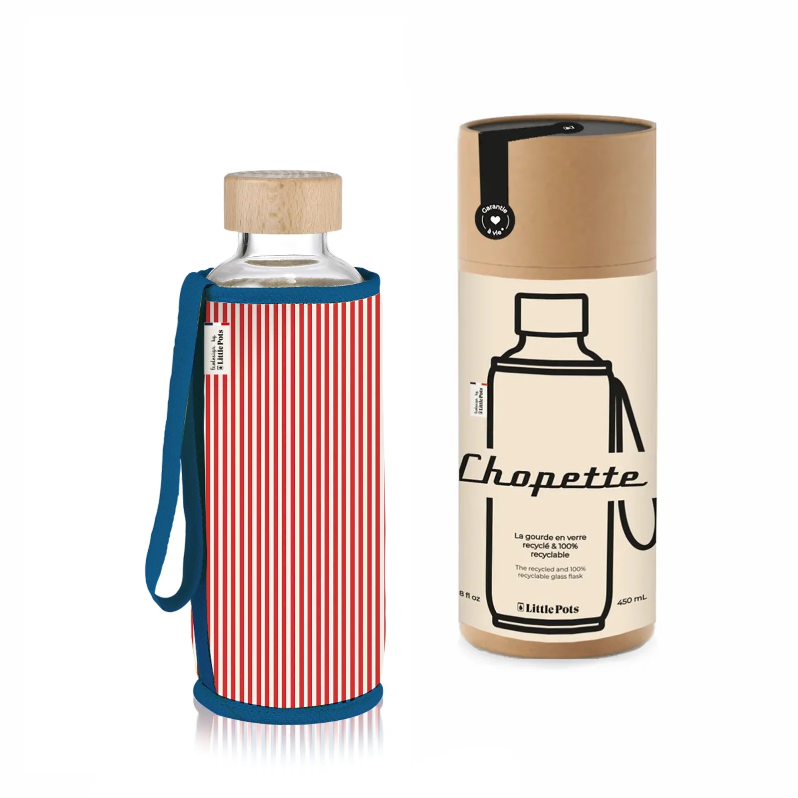 Gourde en verre et housse protectrice Chopette x La Charentaise Fines Rayures Rouges