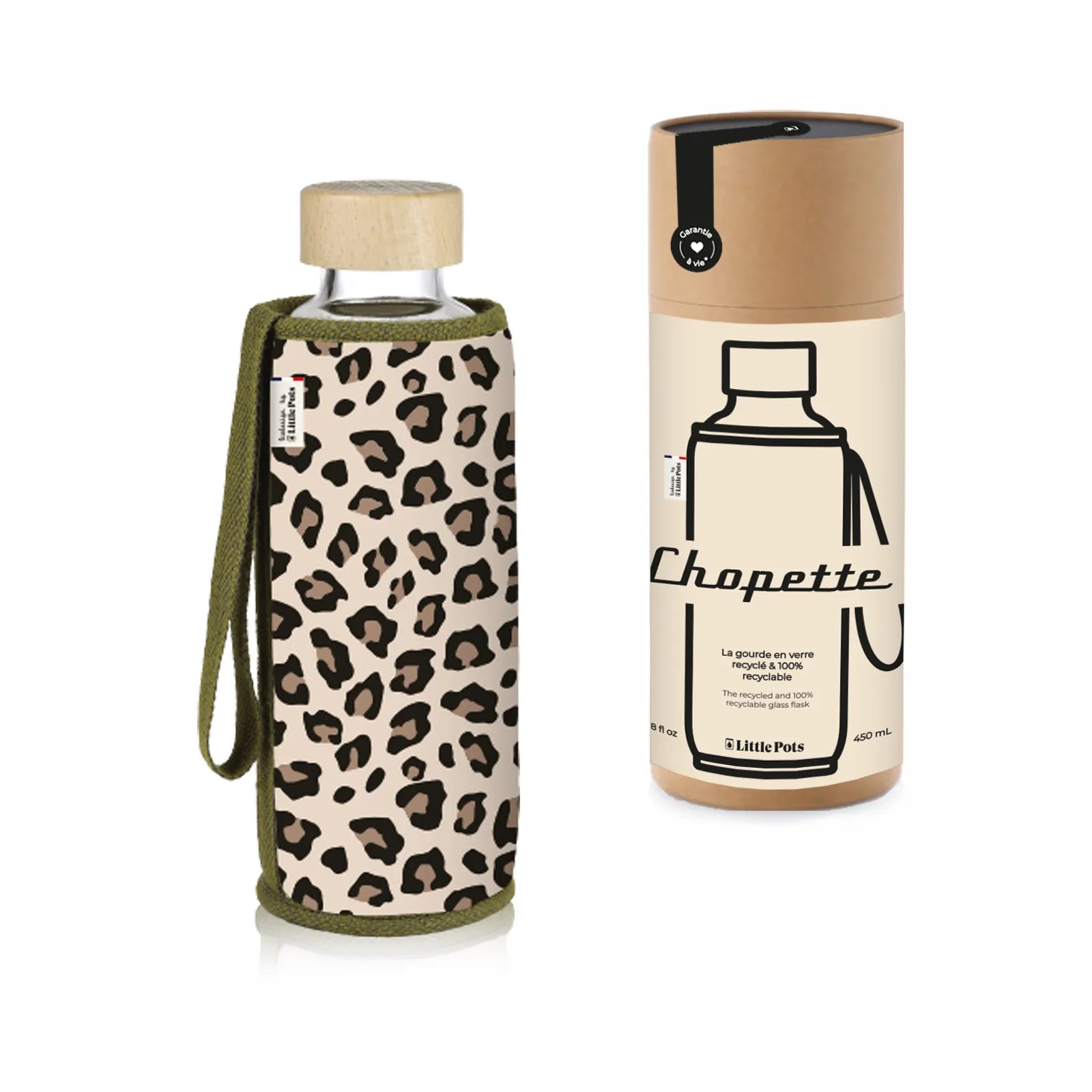 Gourde en verre et housse protectrice Chopette 90' Léopard Cappuccino Sauvage