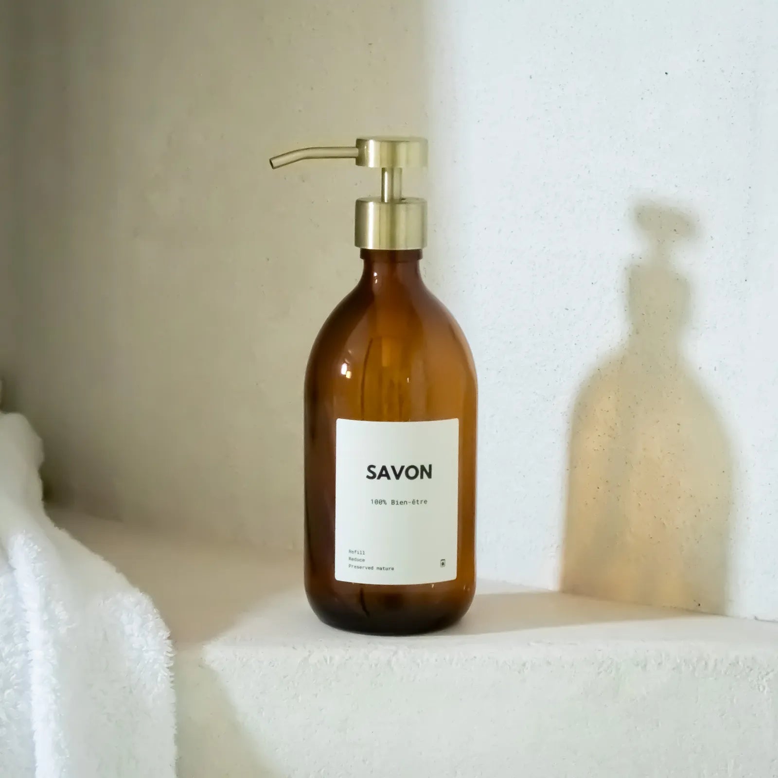 Distributeur de savon verre ambré 500ml avec pompe inox bronze avec étiquette savon waterproof