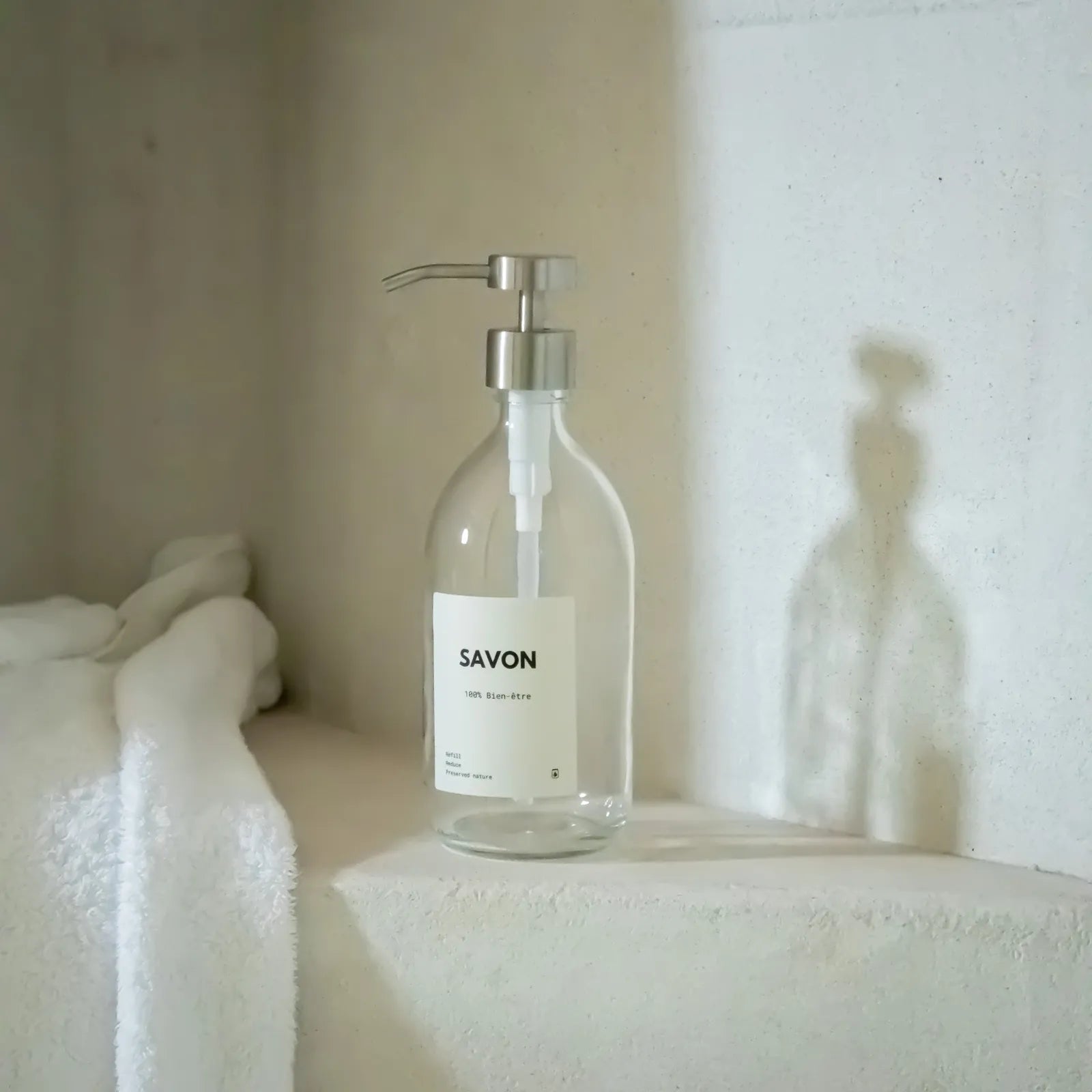 Distributeur de savon en verre transparent – Pompe doseuse inox