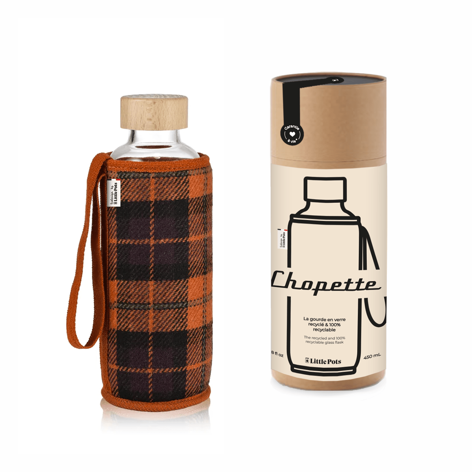 Gourde en verre garantie à vie avec housse isotherme en laine motif tartan