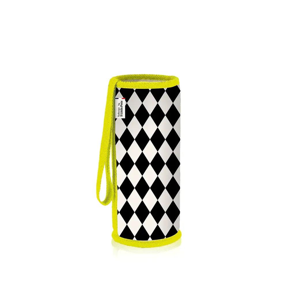 Housse de protection pour gourde en verre personnalisée motif losange et lanière jaune