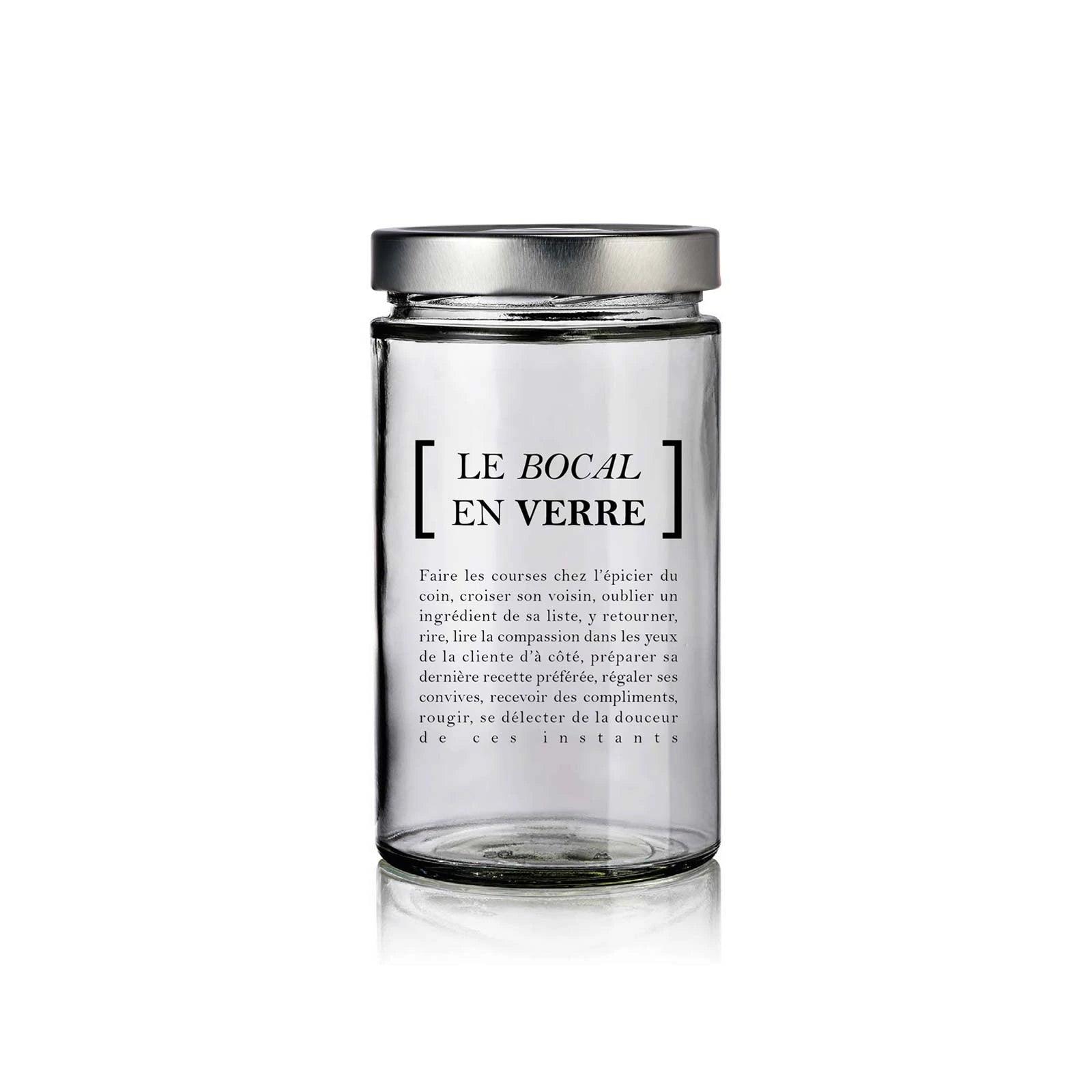 bocal en verre 720 ml avec décors et couvercle argent