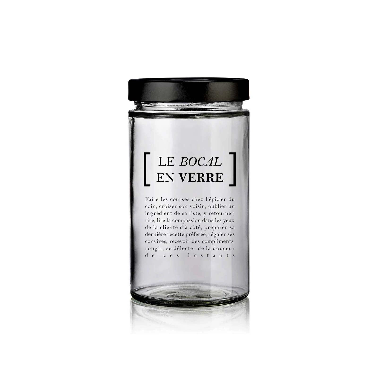 bocal en verre 720 ml avec décors et couvercle noir