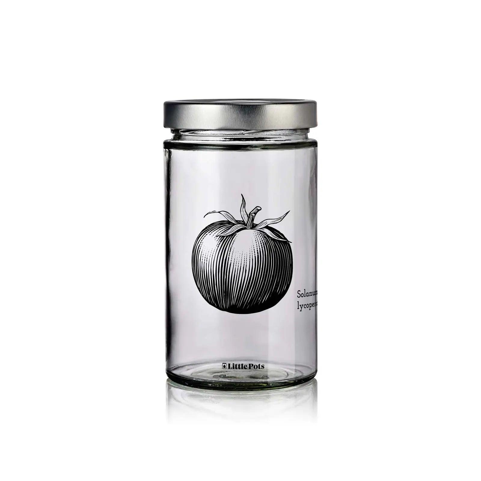 bocal en verre décors tomate avec couvercle argent