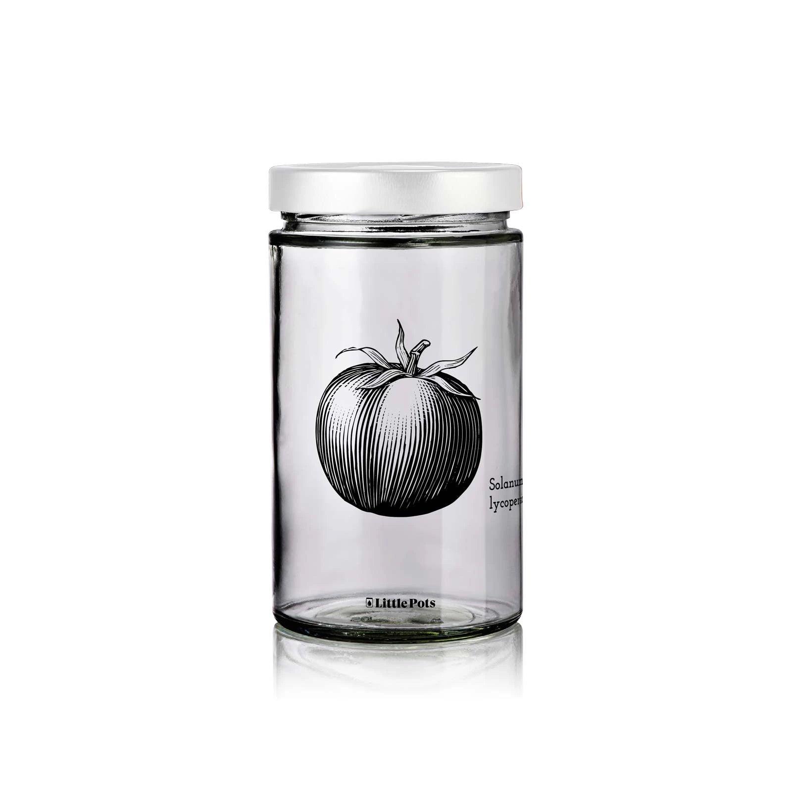bocal en verre décors tomate avec couvercle blanc