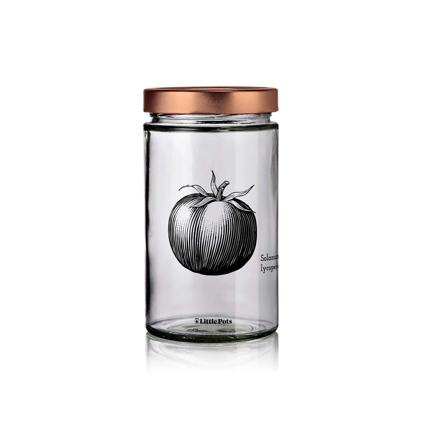 bocal en verre décors tomate avec couvercle cuivre