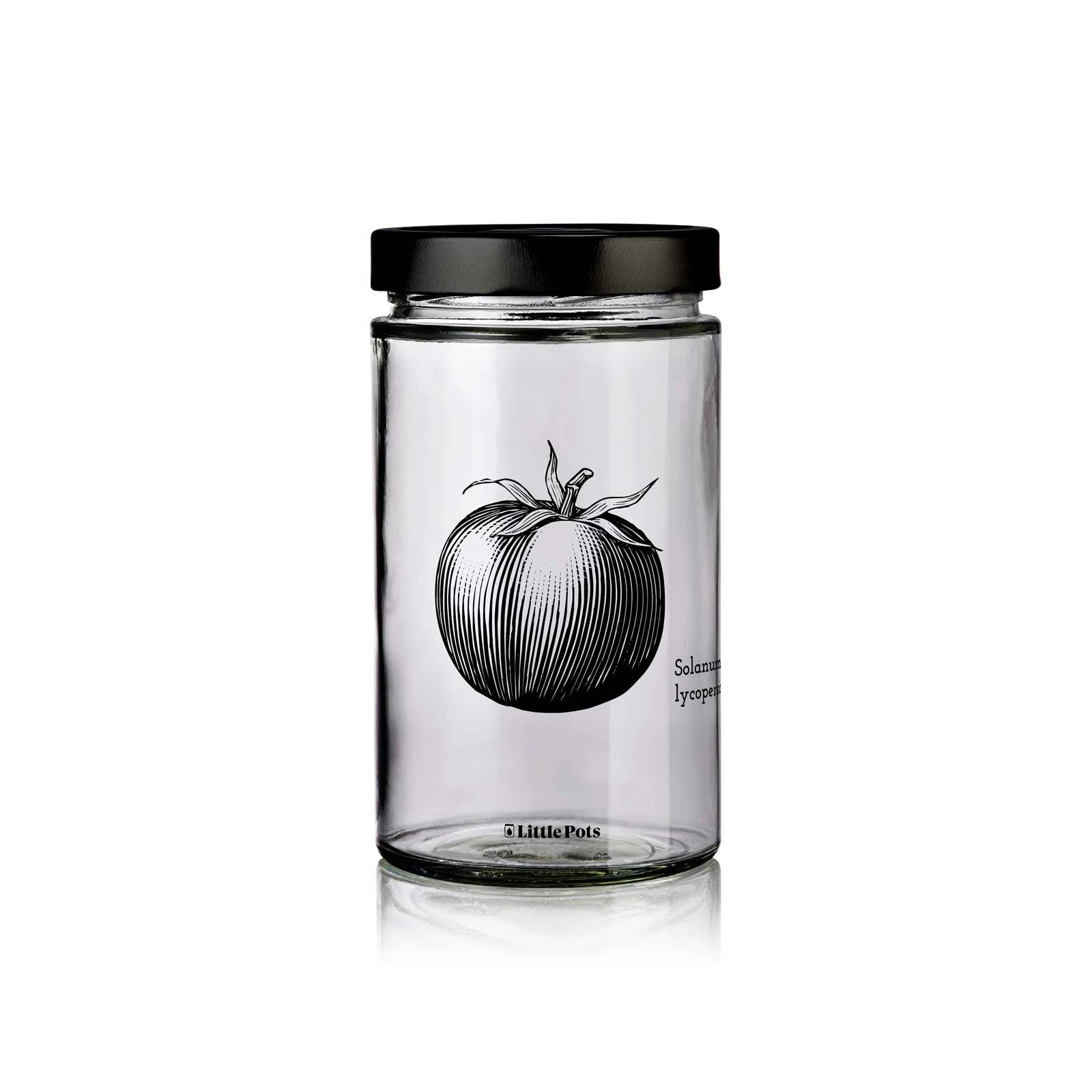 bocal en verre décors tomate avec couvercle noir