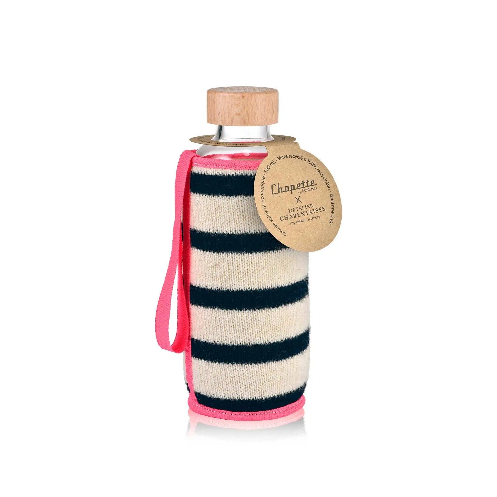 Gourde en verre garantie à vie avec housse isotherme en laine motif marinière