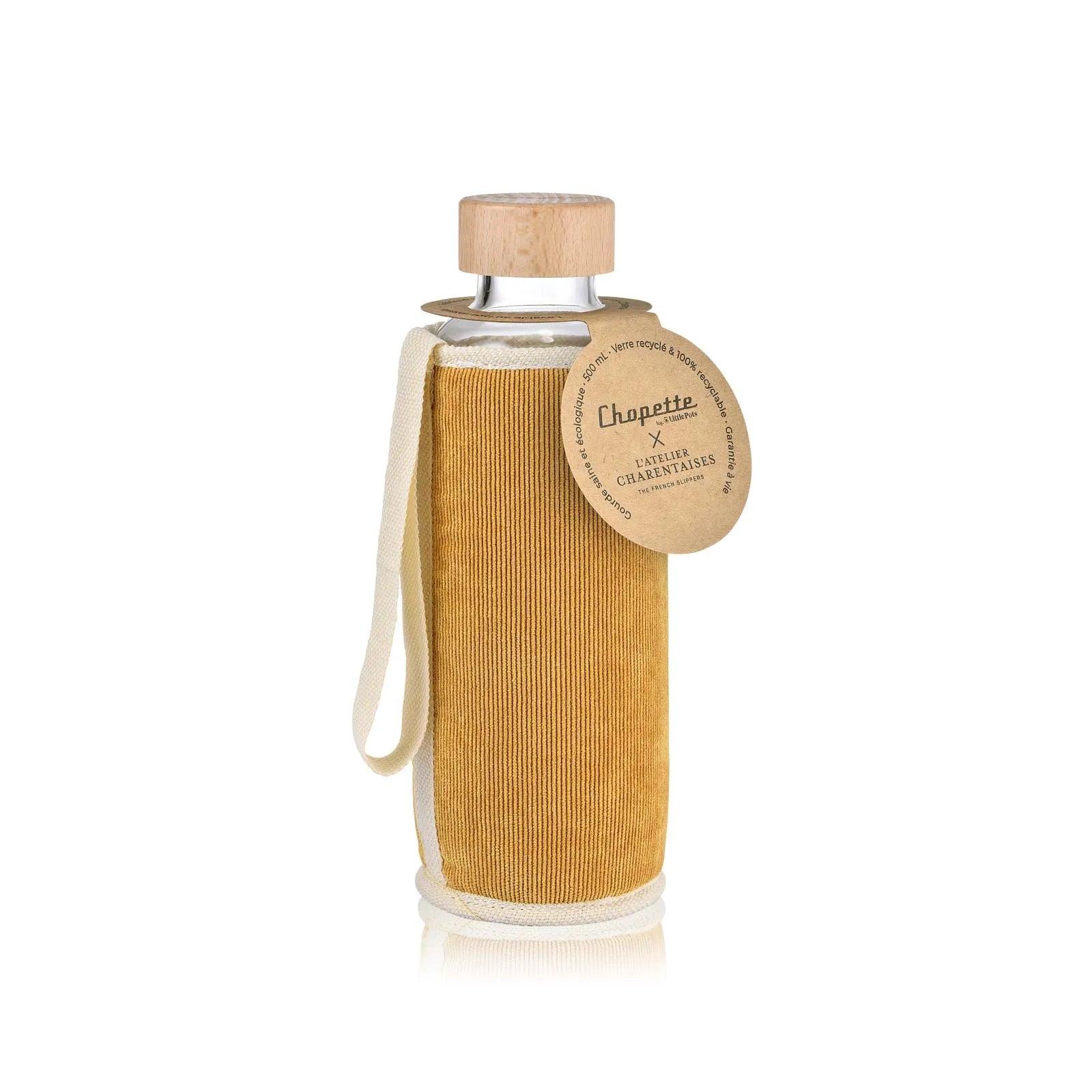 Gourde en verre garantie à vie avec housse isotherme en laine motif velours jaune