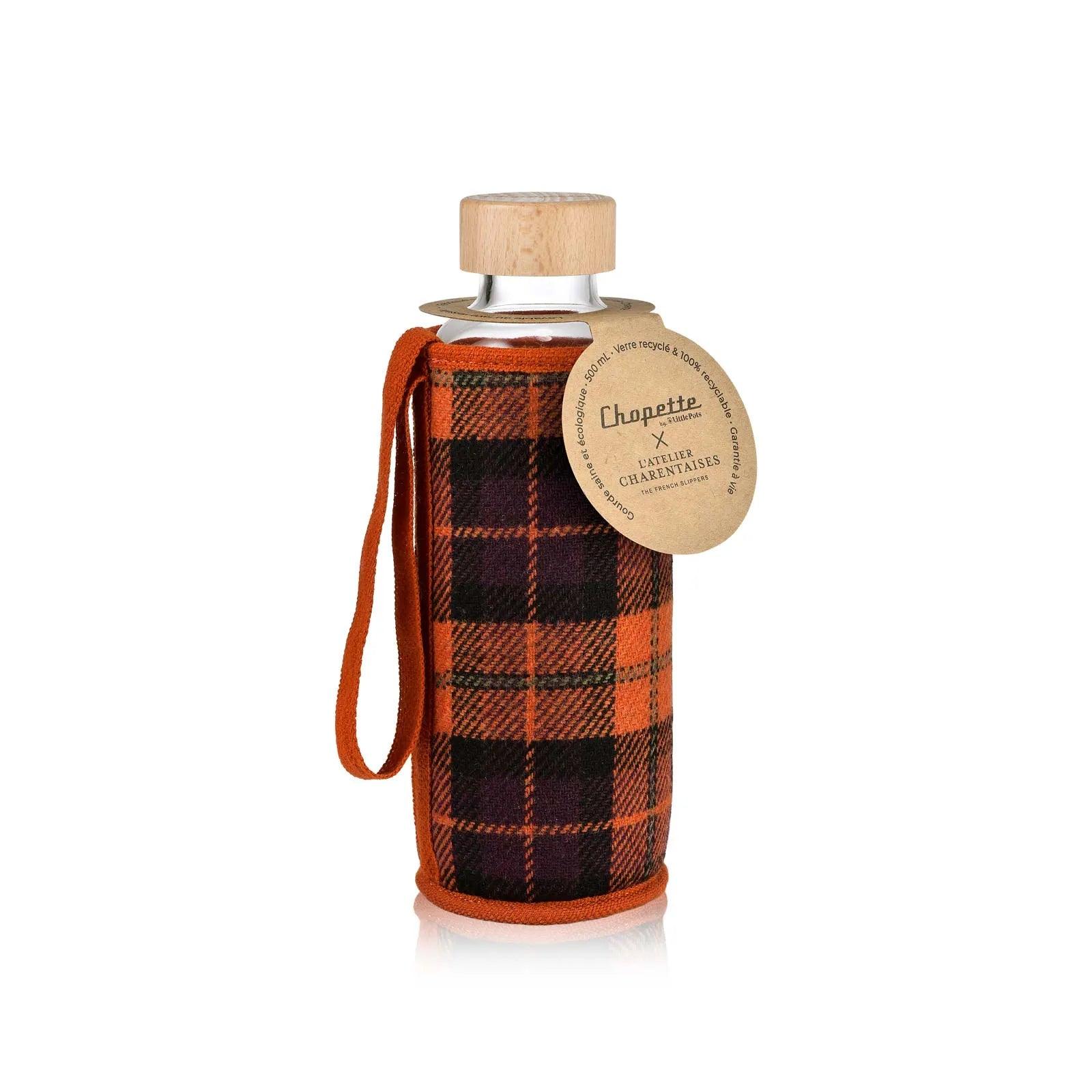 Gourde en verre garantie à vie avec housse isotherme en laine motif tartan