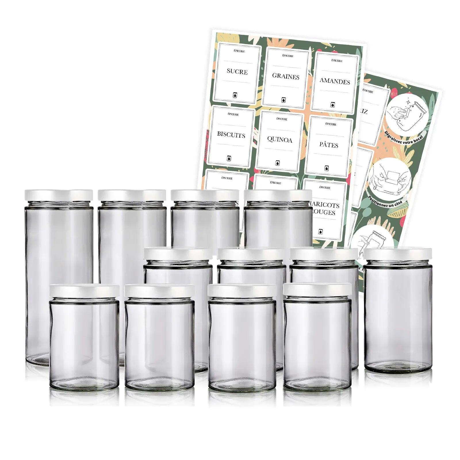 pack de 12 bocaux en verre avec couvercles blanc et étiquettes pour le vrac