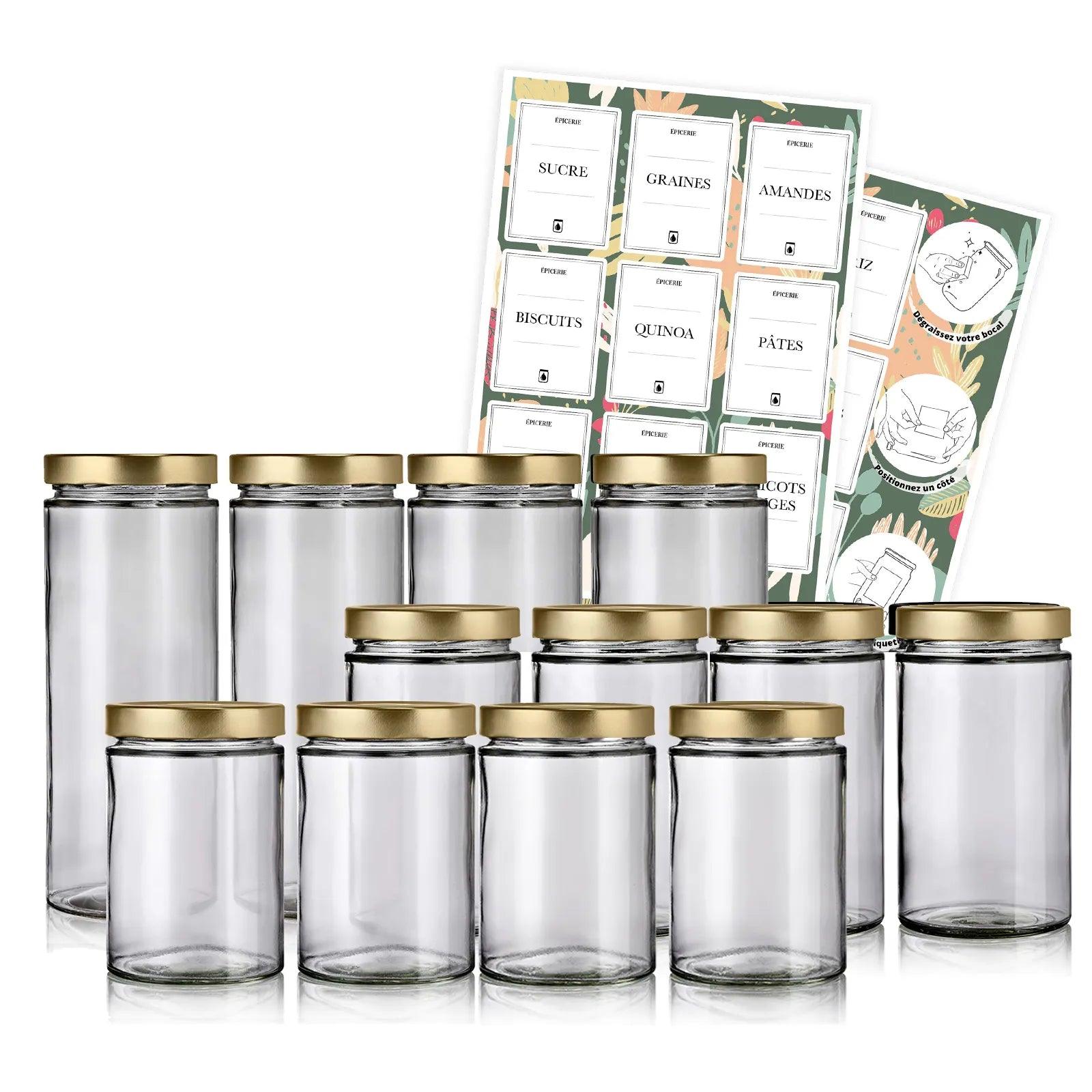 pack de 12 bocaux en verre avec couvercles or et étiquettes pour le vrac