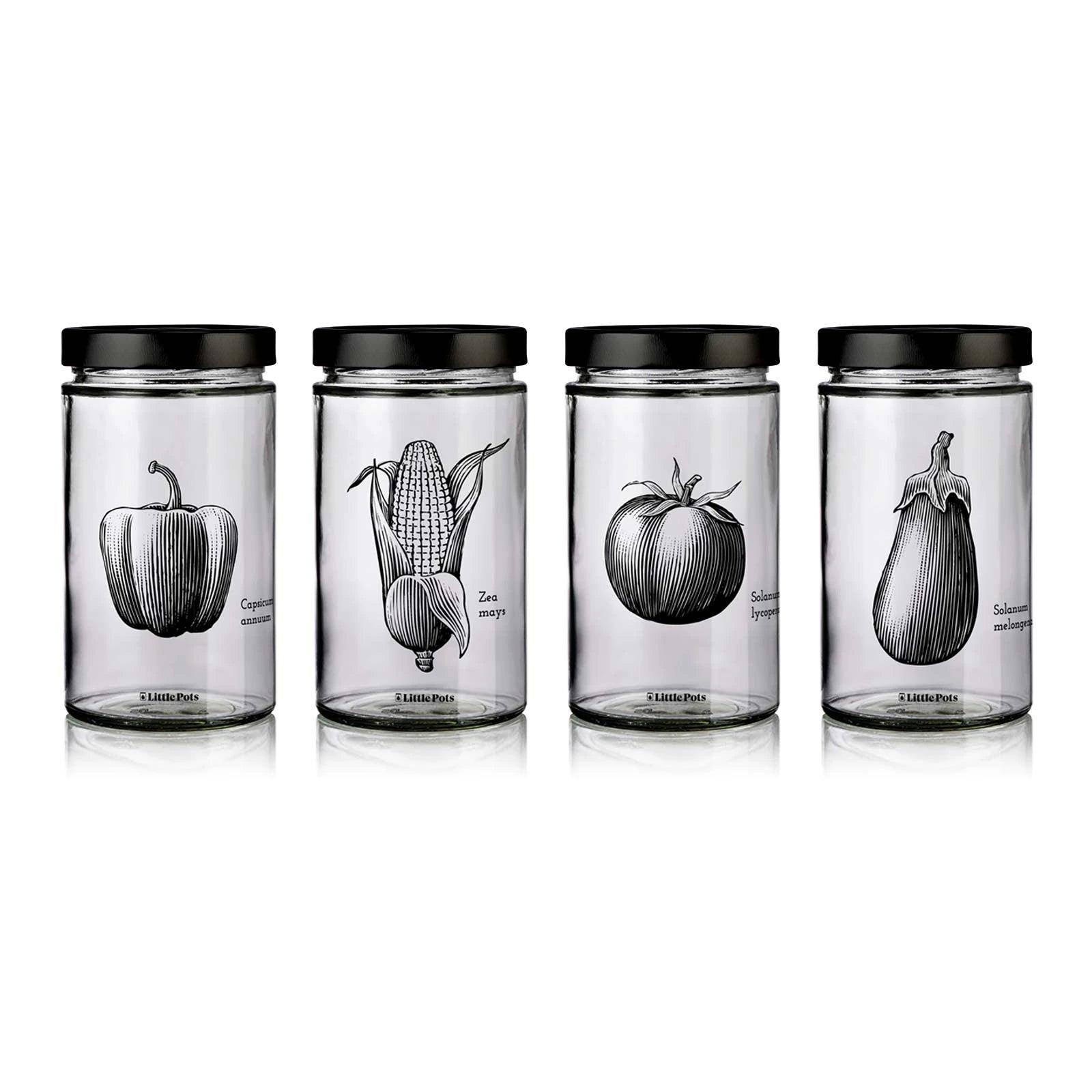 Pack de 4 bocaux en verre décorés avec couvercles noir
