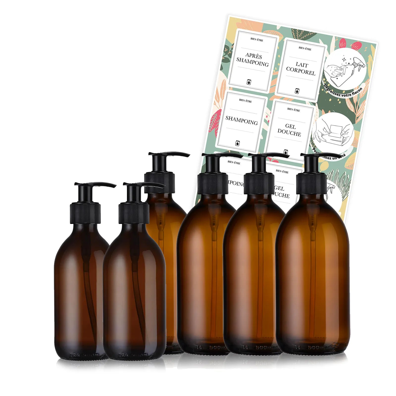 Pack de 6 flacons distributeurs de savons en verre avec étiquettes