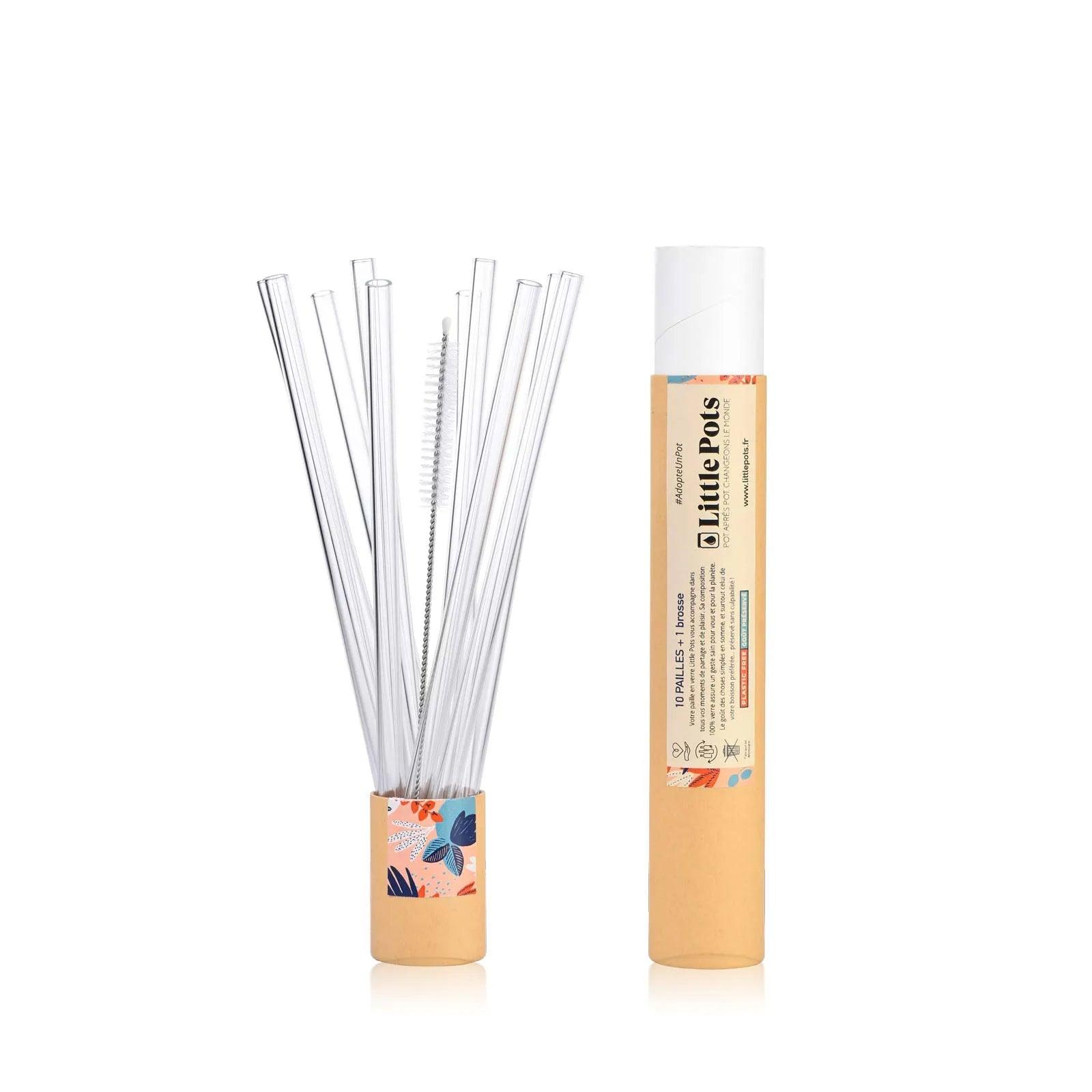 10 pailles en verre et goupillon de nettoyage