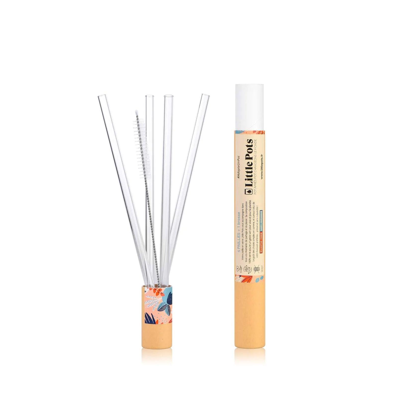4 pailles en verre et goupillon de nettoyage