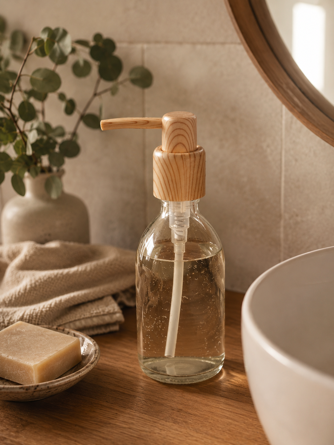 Distributeur de savon verre rechargeable pompe bois
