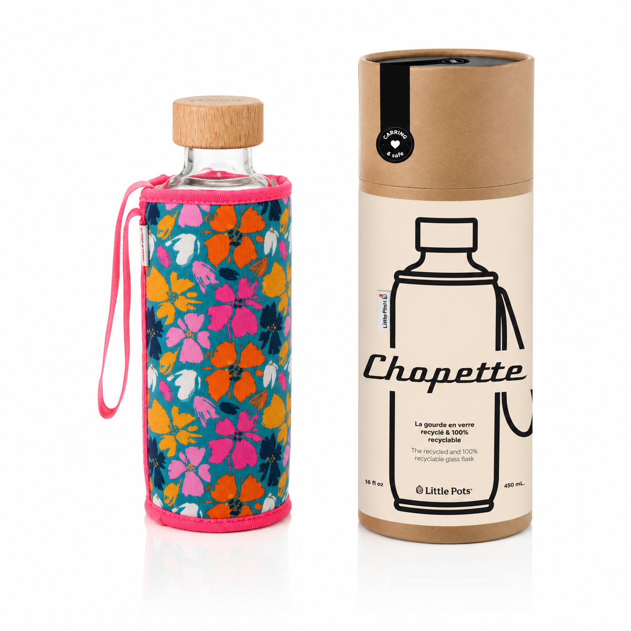 Gourde en verre et housse protectrice Chopette été fleurs