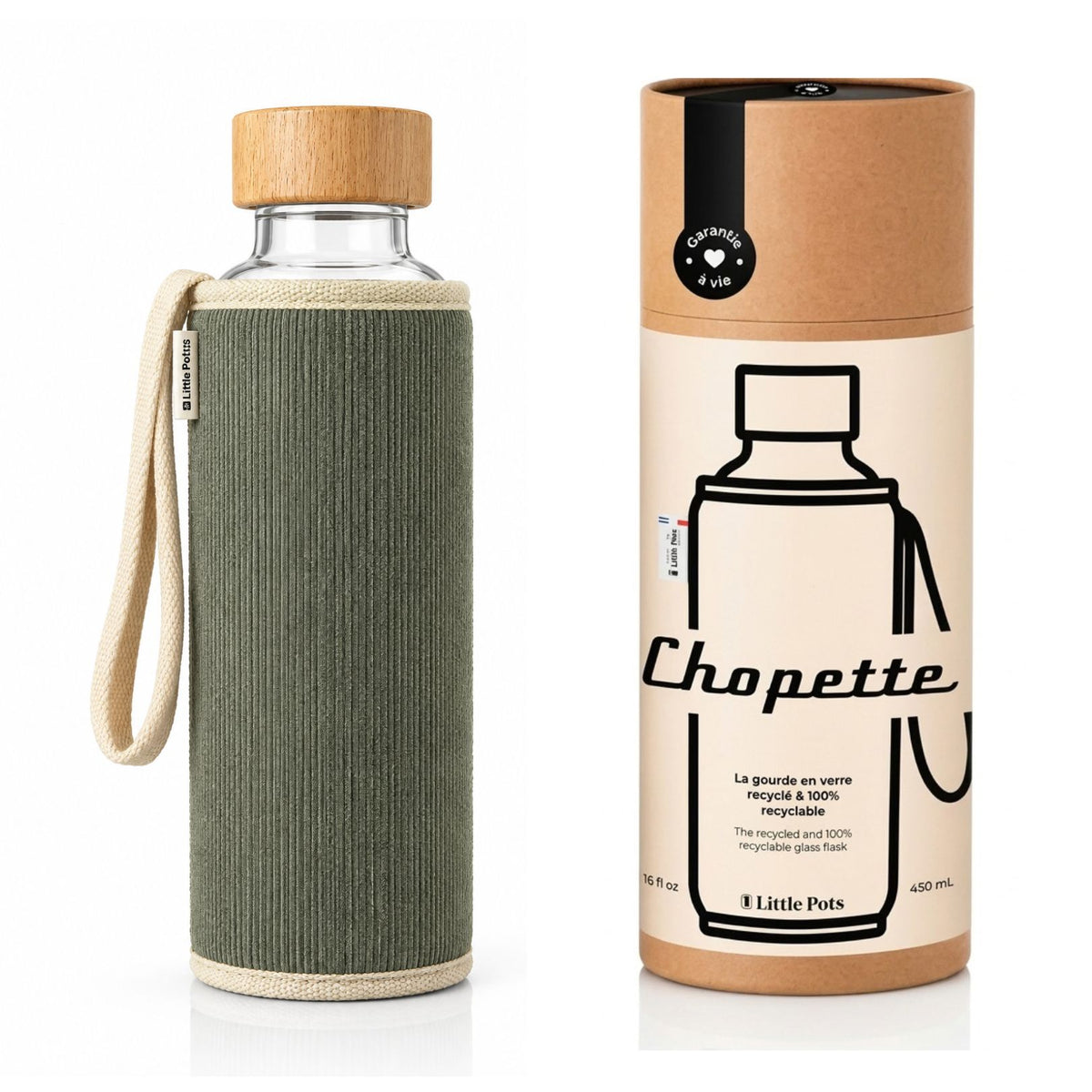 Gourde en verre et housse protectrice Chopette velours kaki automne-hiver