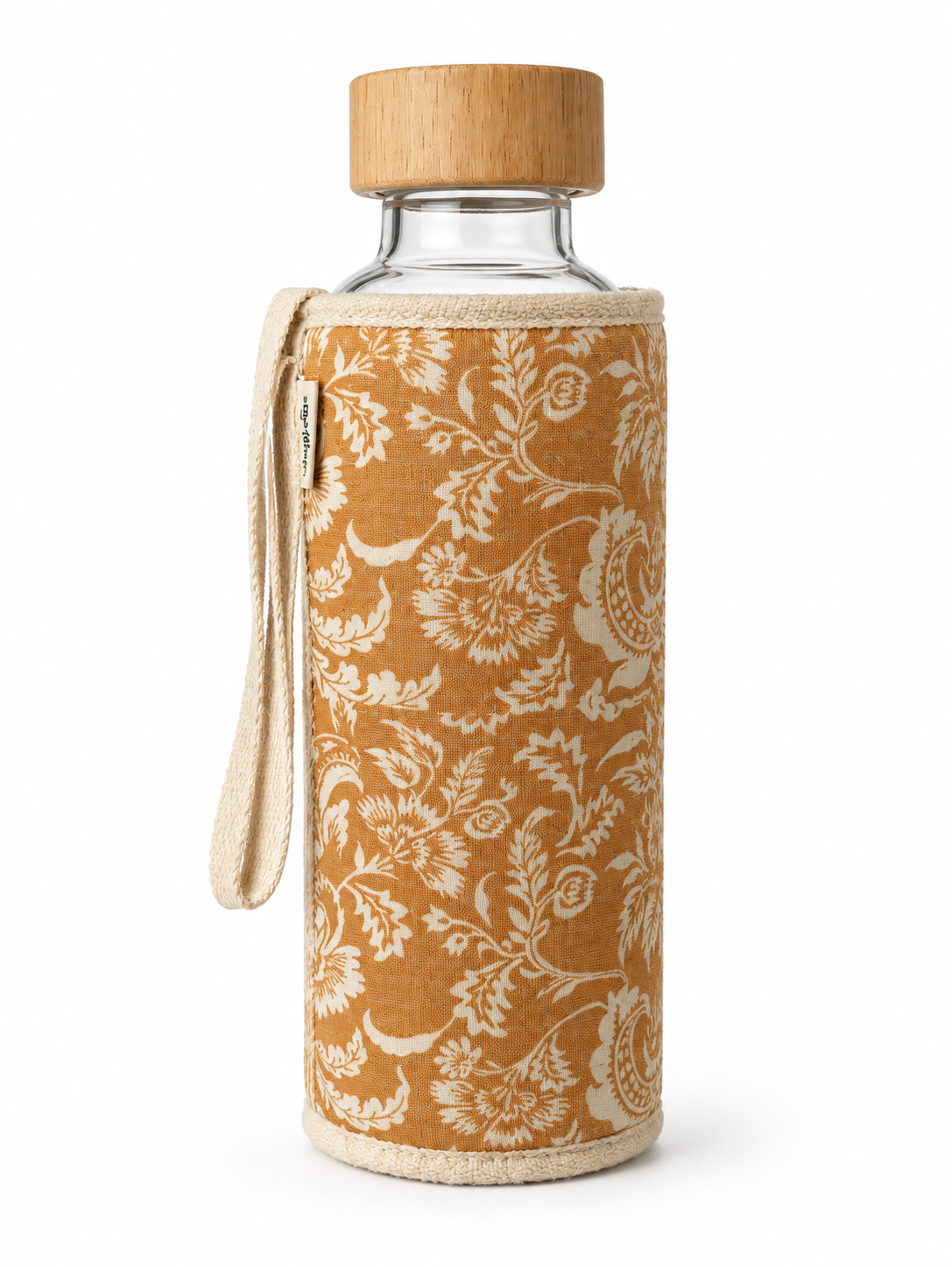 Gourde en verre et housse protectrice Chopette floral moutarde automne-hiver