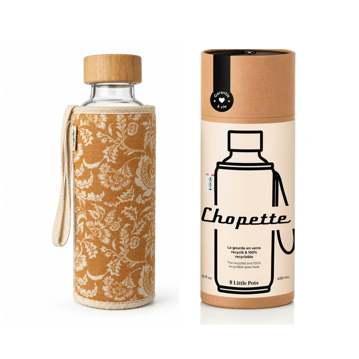 Gourde en verre et housse protectrice Chopette floral moutarde automne-hiver