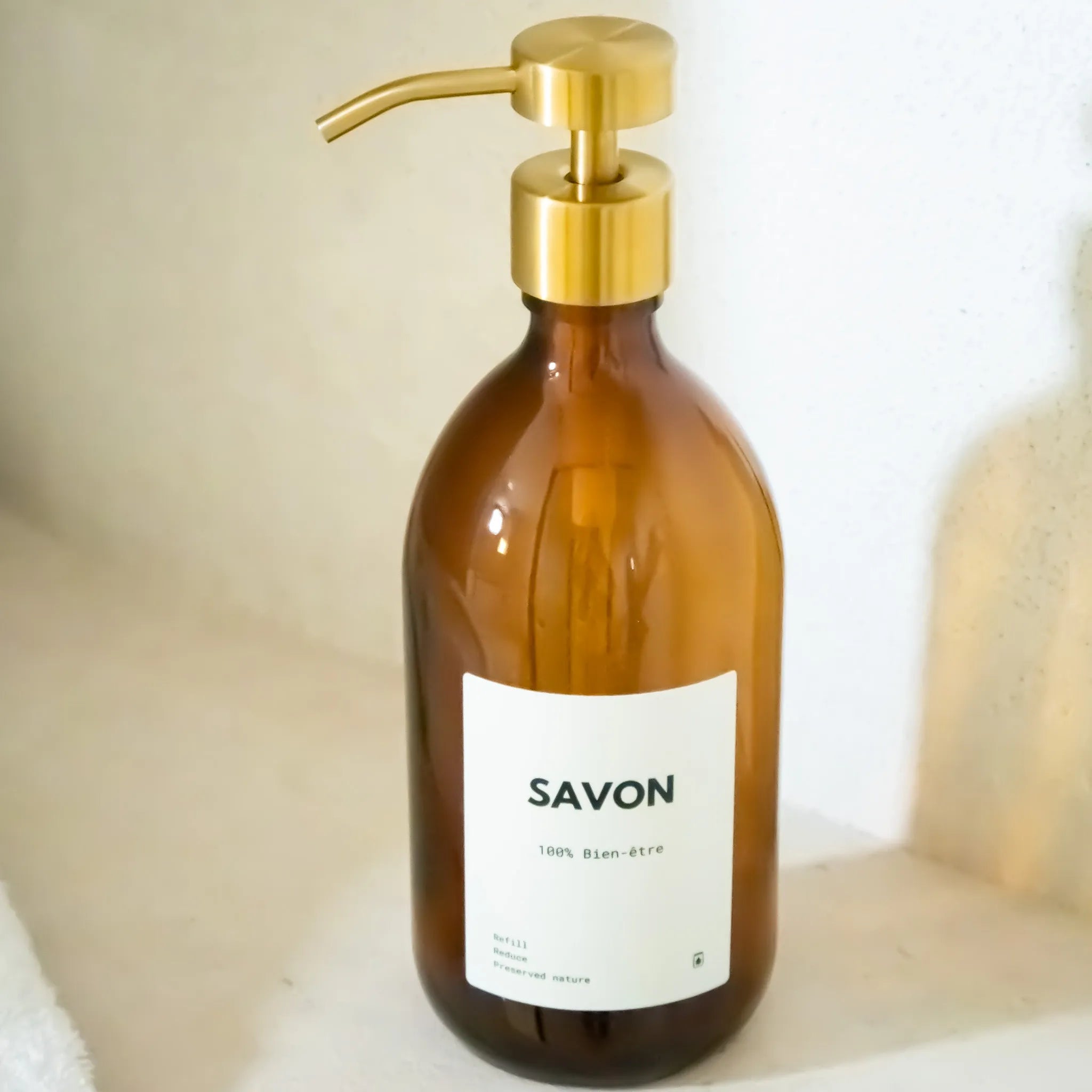 Distributeur de savon en verre ambré – Pompe doseuse inox