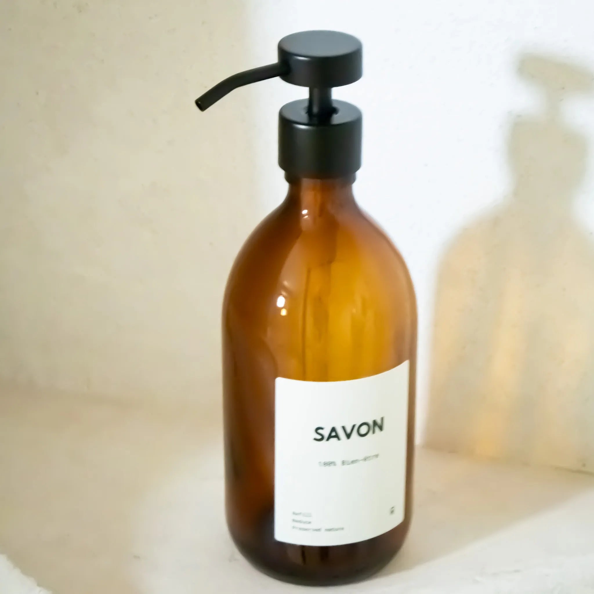 Distributeur de savon en verre ambré – Pompe doseuse inox