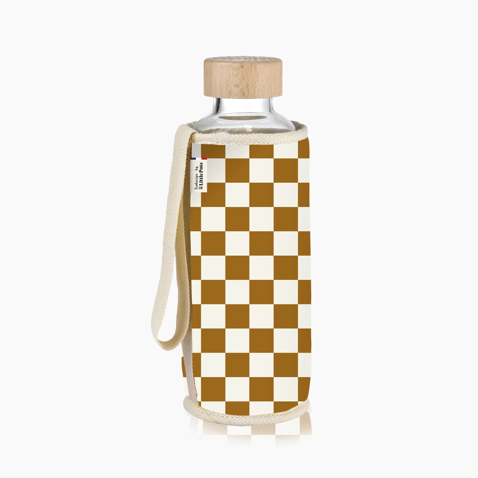 Gourde en verre et housse protectrice Chopette 90' Damier Moutarde écru
