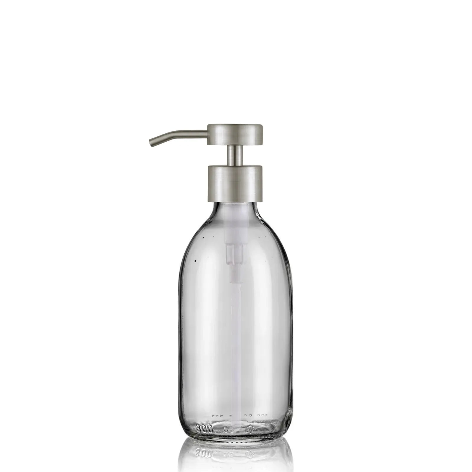 Distributeur de savon en verre transparent  de 300 mL avec pompe doseuse inox argent