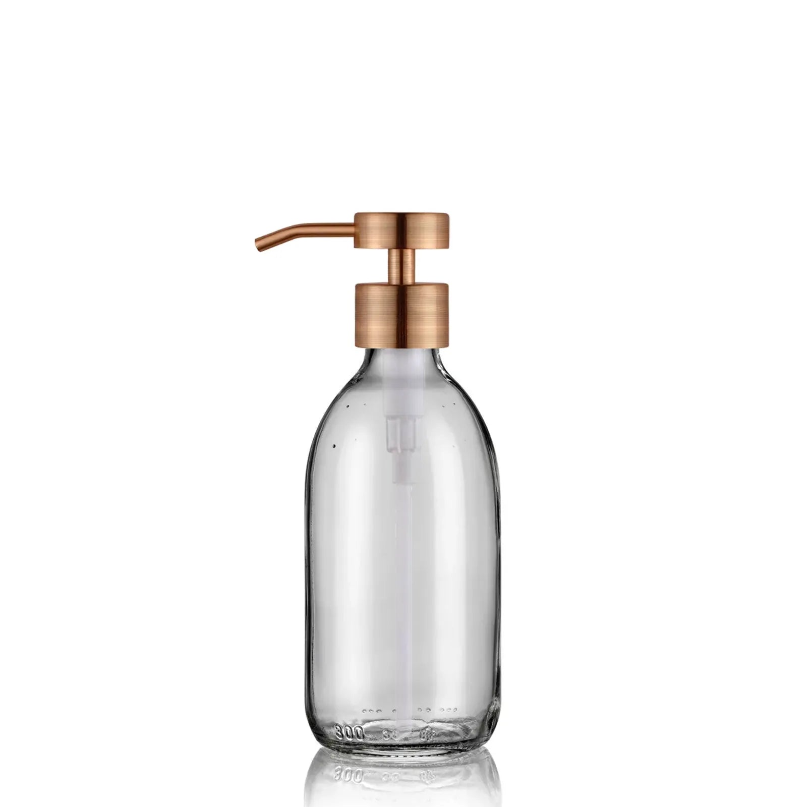 Distributeur de savon en verre transparent  de 300 mL avec pompe doseuse inox cuivré