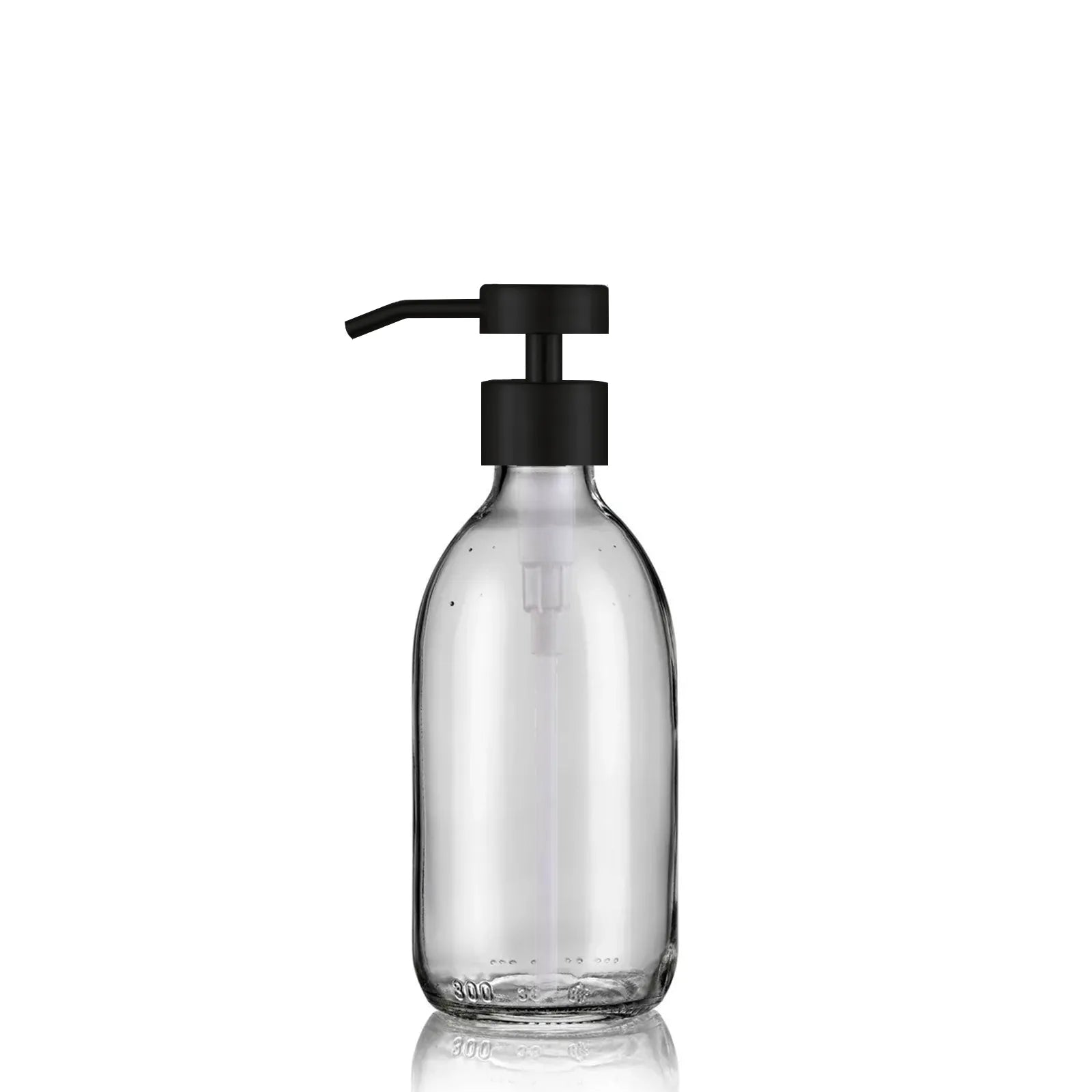 Distributeur de savon en verre transparent  de 300 mL avec pompe doseuse inox noir mat