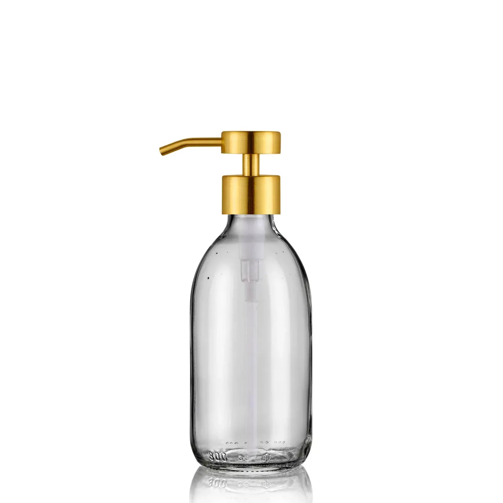 Distributeur de savon en verre transparent  de 300 mL avec pompe doseuse inox doré